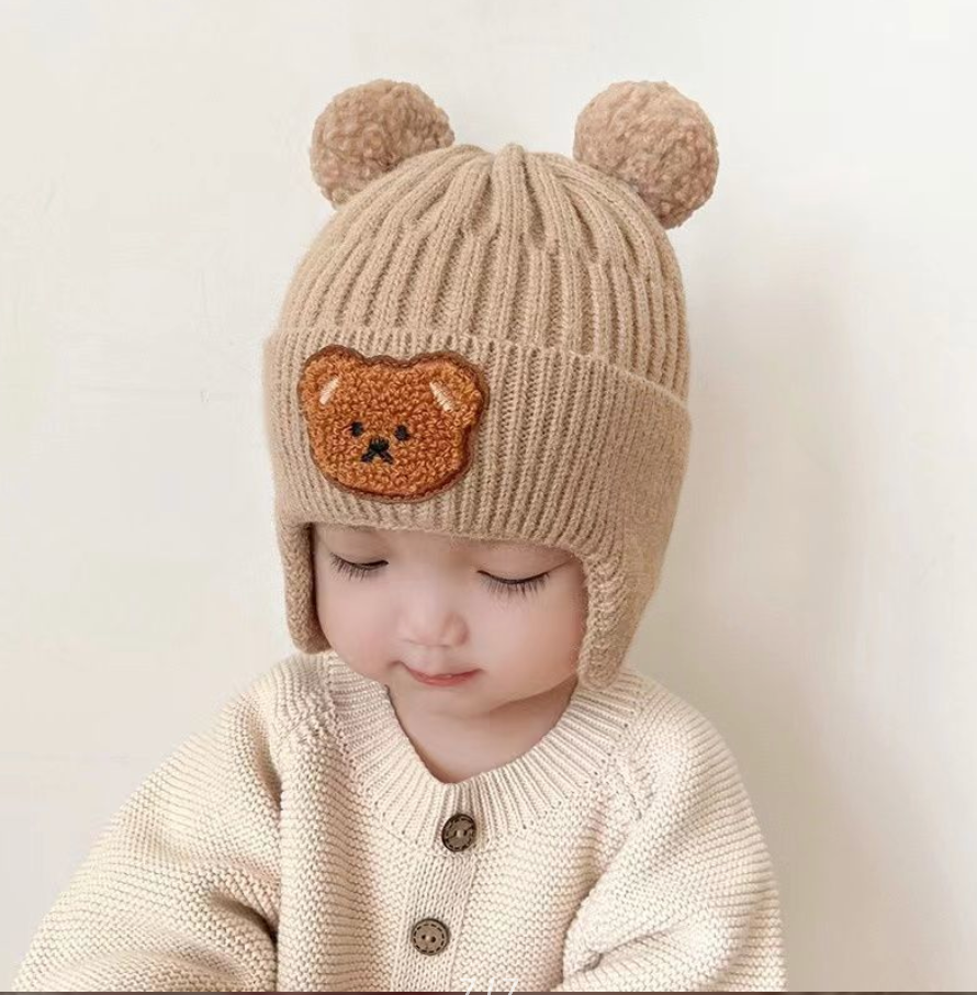 Baby Bear Knit Beanie with Pom-Poms & Ear Flaps