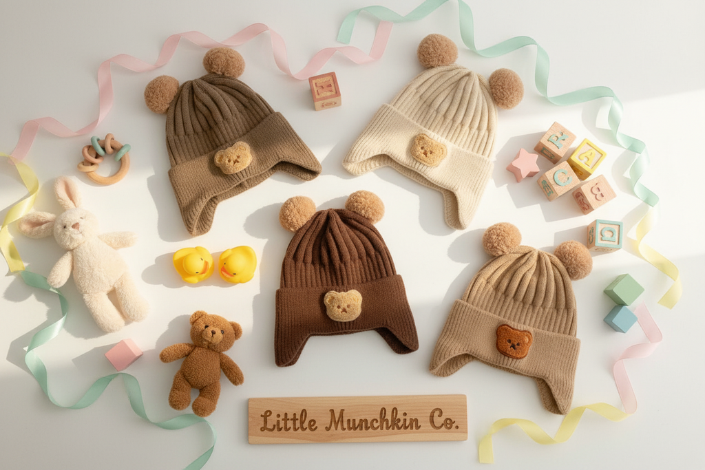Baby Bear Knit Beanie with Pom-Poms & Ear Flaps